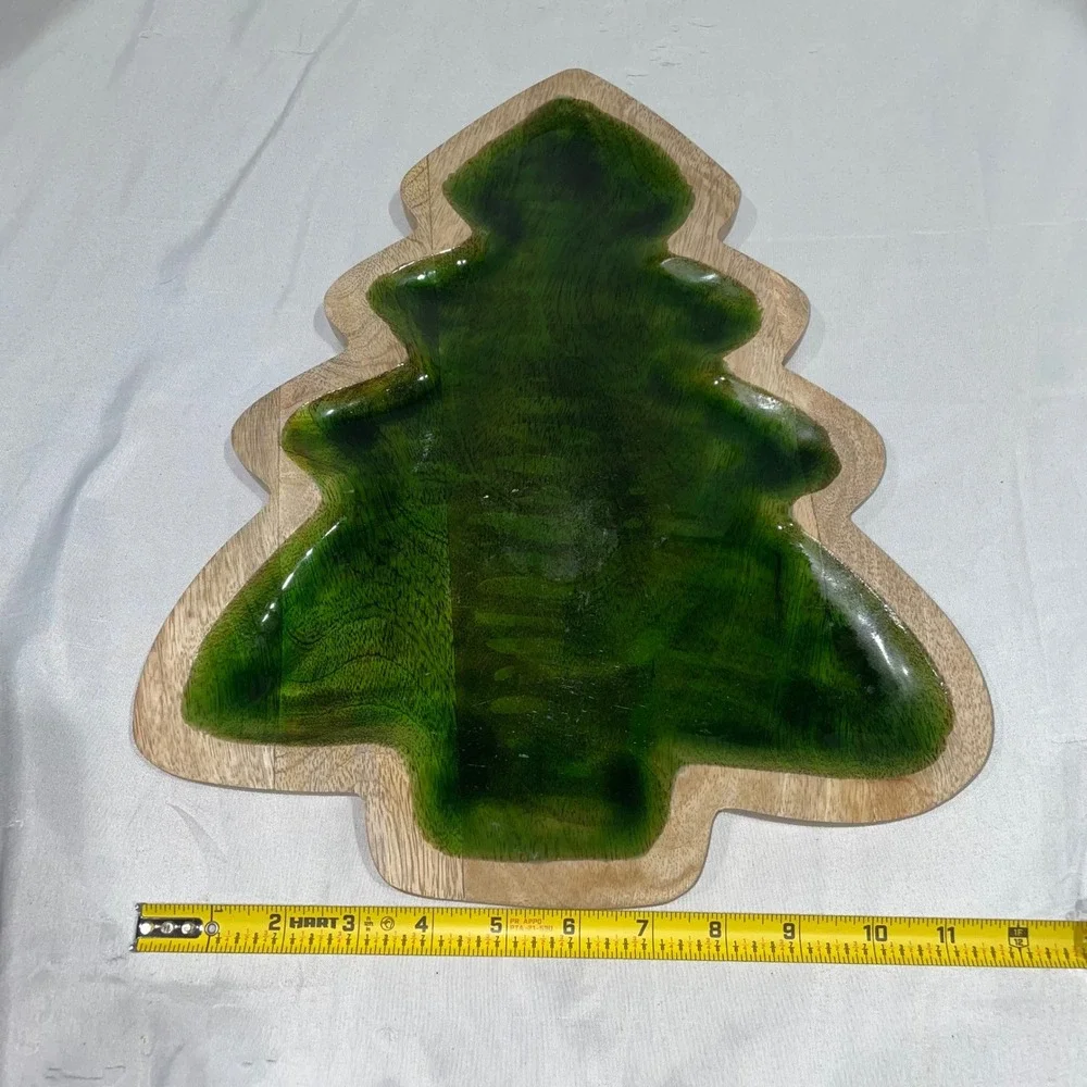Tabletops Unlimited Oh Christmas Tree Wood Serving Tray Green Enamel Platter